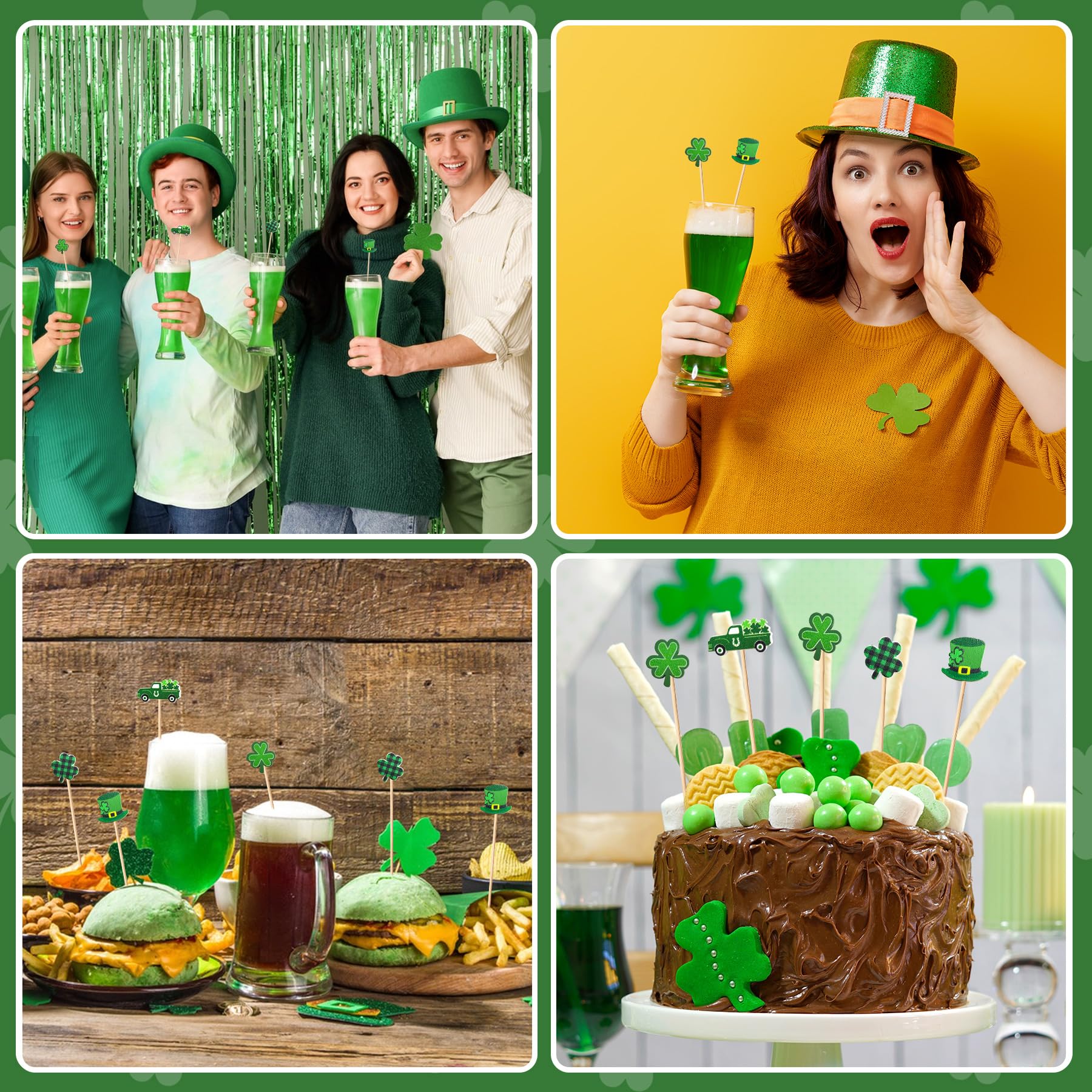 100 Pcs St Patrick's Day Shamrock Cocktail Picks Irish Green Hat Beer Clover Cupcake Toppers Disposable Party Shamrock Sticks for St. Patrick's Day Decoration Party(Truck Style)