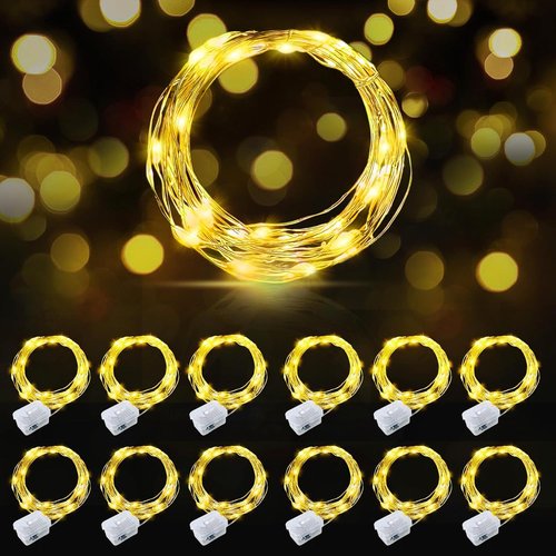 AIKEI 12-Pack LED Fairy Lights - Waterproof Silver Wire String Lights | 7 Feet, 20 LED Warm White for Weddings & Parties