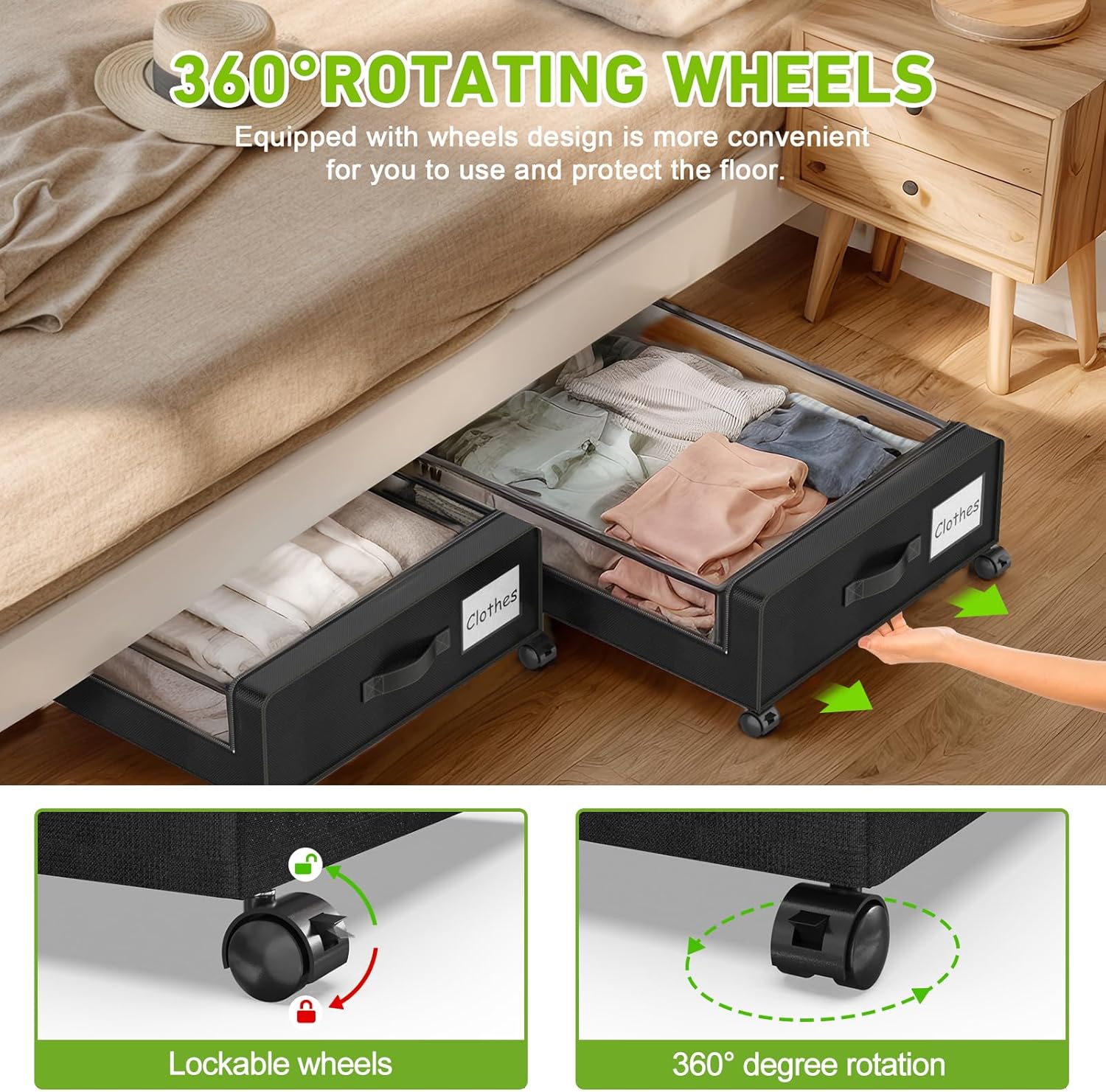 Beborxue Under Bed Storage Bins - XXL 60L Rolling Containers with Lids for Clothes & Shoes | 2-Pack (Black)