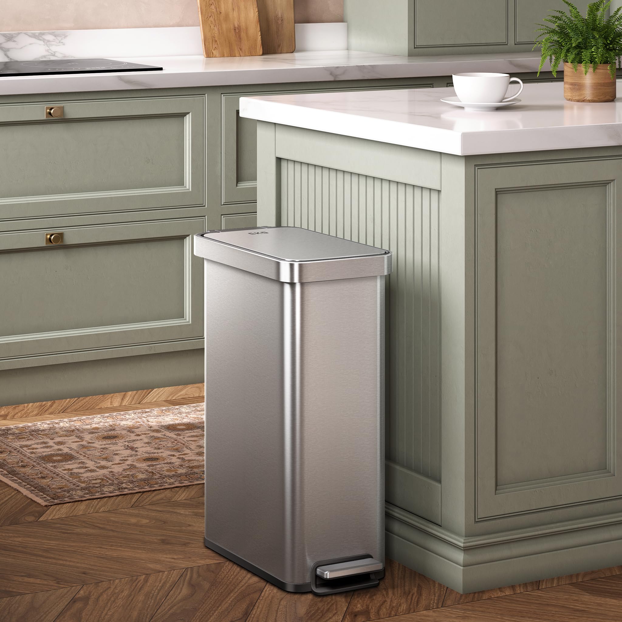 EKO Hudson Slim 50L / 13.2 Gallon Kitchen Trash Can with Lid, Stainless Steel Step Garbage Can for Kitchen or Home, Space-Saving Garbage Can with Soft Close Lid, Stay-Open, Liner Ring, Handle