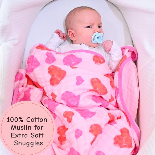 LollyBanks Baby Blanket, 100% Organic Cotton Muslin Quilt for Girls, 47 x 47 Inches Toddler Quilt, Soft and Breathable 6-Layer Newborn Blankets, Crib Bedding Essential (Gemstone Heart Print)