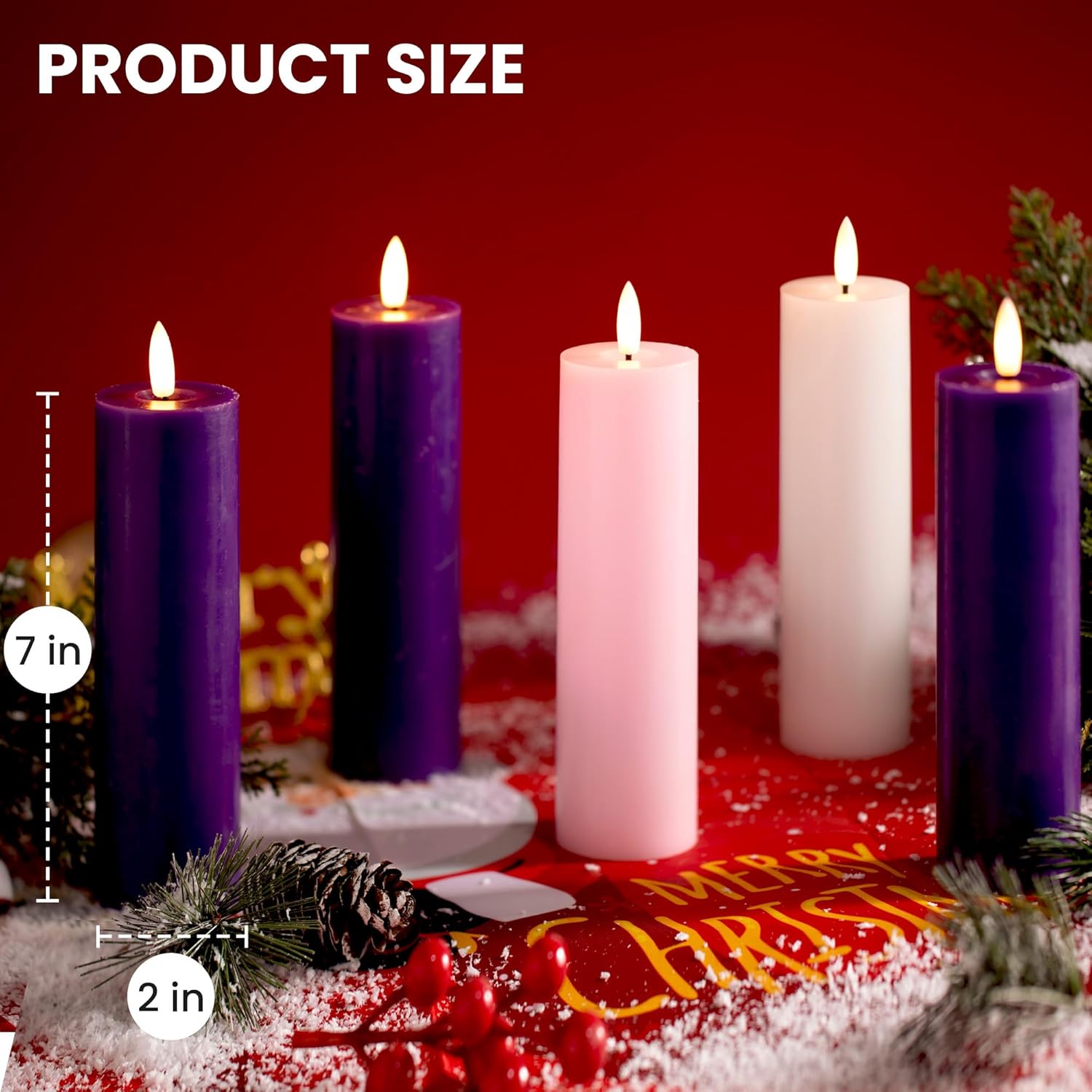 Stmarry Advent Candles Set - Battery Operated Flameless Pillar Candles with Remote & Timer | 2x7 Pink & Purple