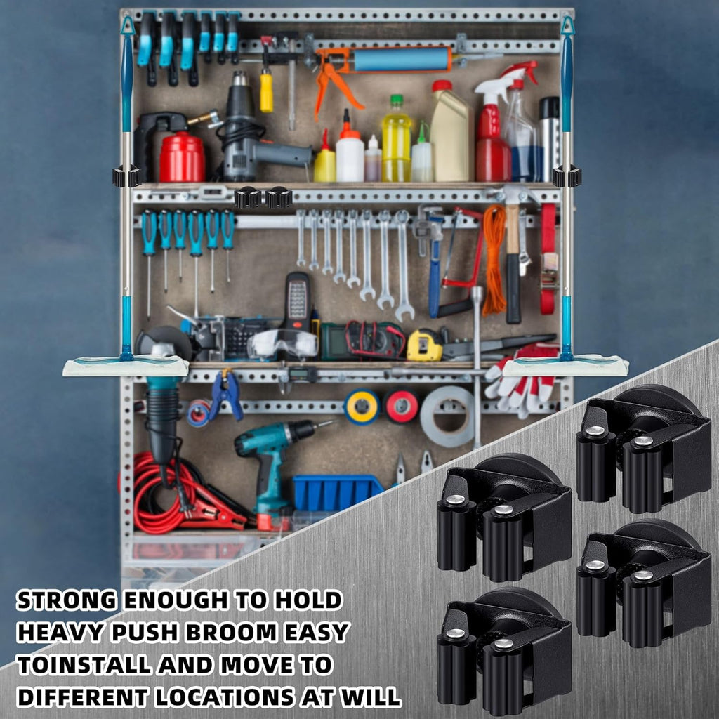 Vercraft Magnetic Mop Broom Holder - Movable Wall-Mounted Rack for Cleaning Tools | Black, 2 Pcs