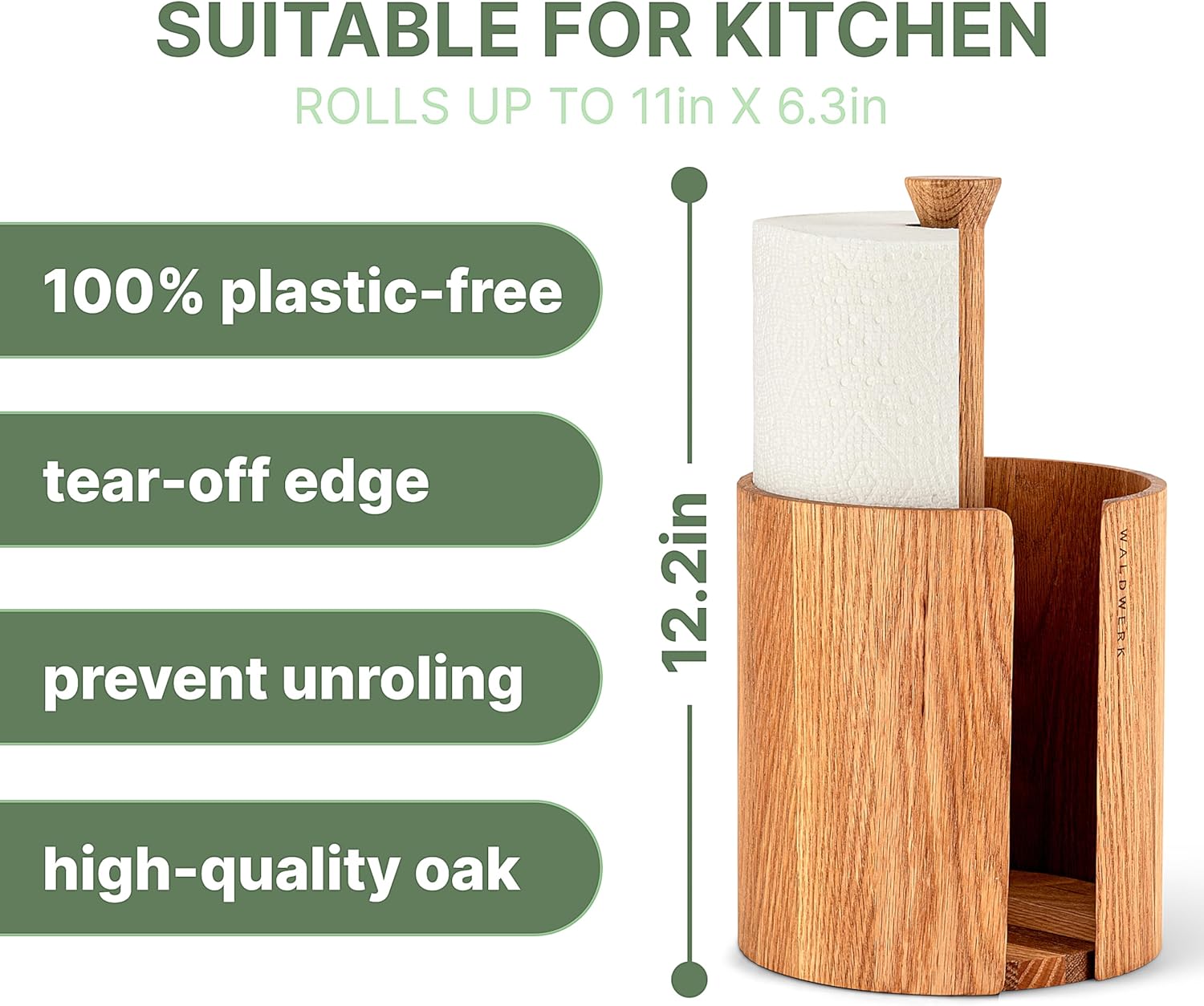 WALDWERK Oak Wood Paper Towel Holder - Stylish Kitchen Towel Stand for Standard Rolls | Countertop Design