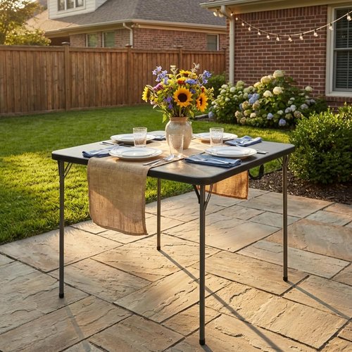 34" Square Folding Table - Heavy-Duty Steel Legs, 330lbs Capacity | Portable Black Picnic Table for 4