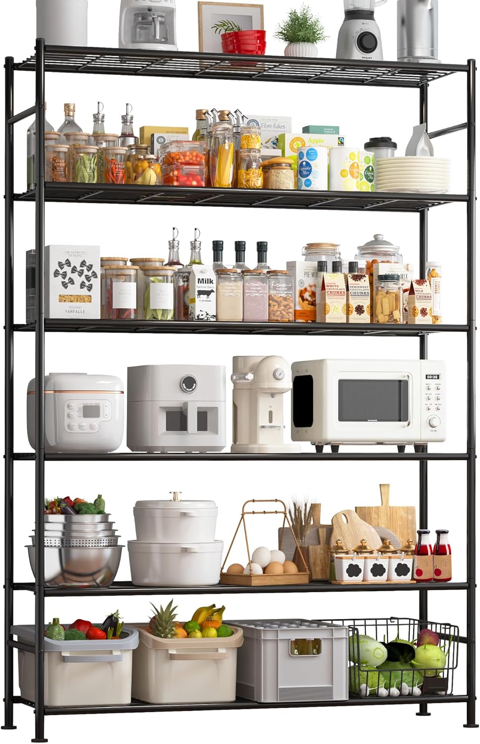 Sakugi Storage Shelves - Heavy Duty 6-Tier Shelf Organizer for Garage, Pantry & Kitchen | 46.3" W x 12.6" D x 76.1" H, Black
