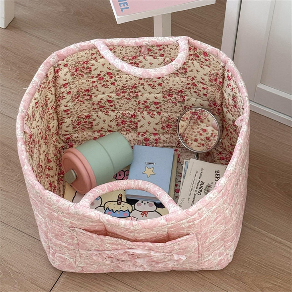 Neaonau Quilted Fabric Storage Basket with Handles & Pocket, Foldable Laundry Hamper Boho Floral Print Organizer Bin for Home, Picnic, Office 12"x10"x10" (A-4)