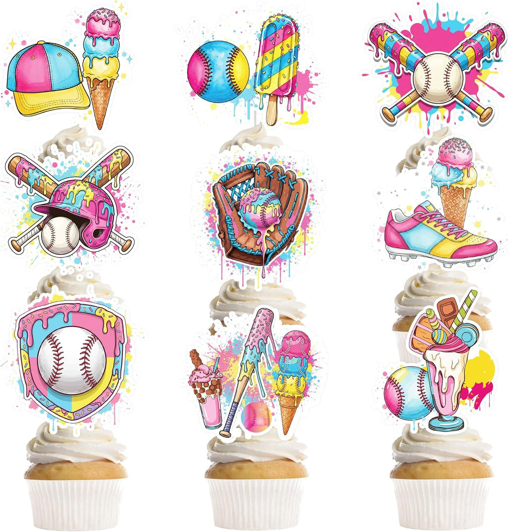 Regine Switzerland Ice Cream Drip Baseball Party Decorations - 36 Pcs Cupcake Toppers for Kids' Birthdays