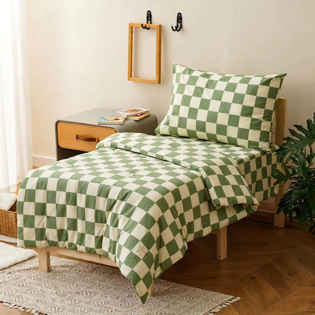 Wellboo Green White Plaid Toddler Bedding Sets for Girls Boys Sage and White Checkerboard Grid 4 Pieces Soft Crib Bed Set Including Comforter, Sheets and Pillowcase Kids Checkered Geometric Quilt