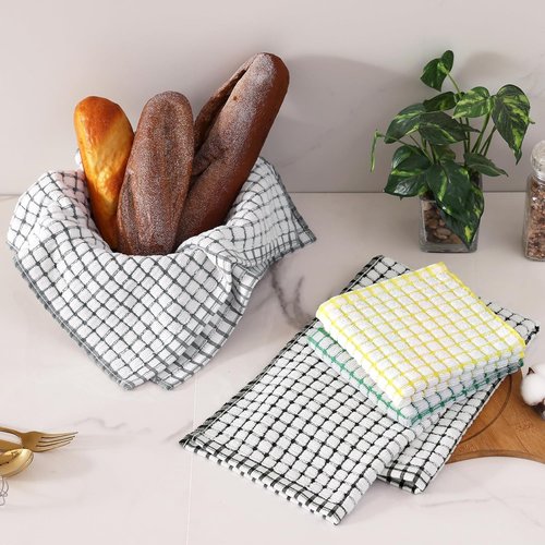 Homaxy Kitchen Towels Set - Super Soft & Absorbent Cotton Dishcloths | 8-Piece, 16"x25" & 12"x12" - Black/Grey/Yellow/Green