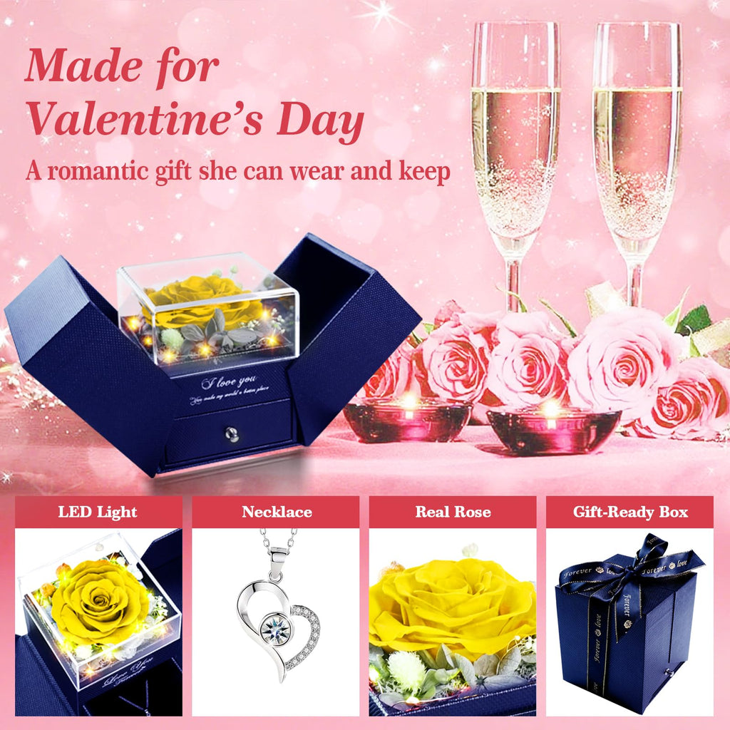 cdco Preserved Real Rose with Heart Necklace – “I Love You” in 100 Languages, Forever Romantic Anniversary Valentines Day Gifts for Her, Women, Wife, Girlfriend