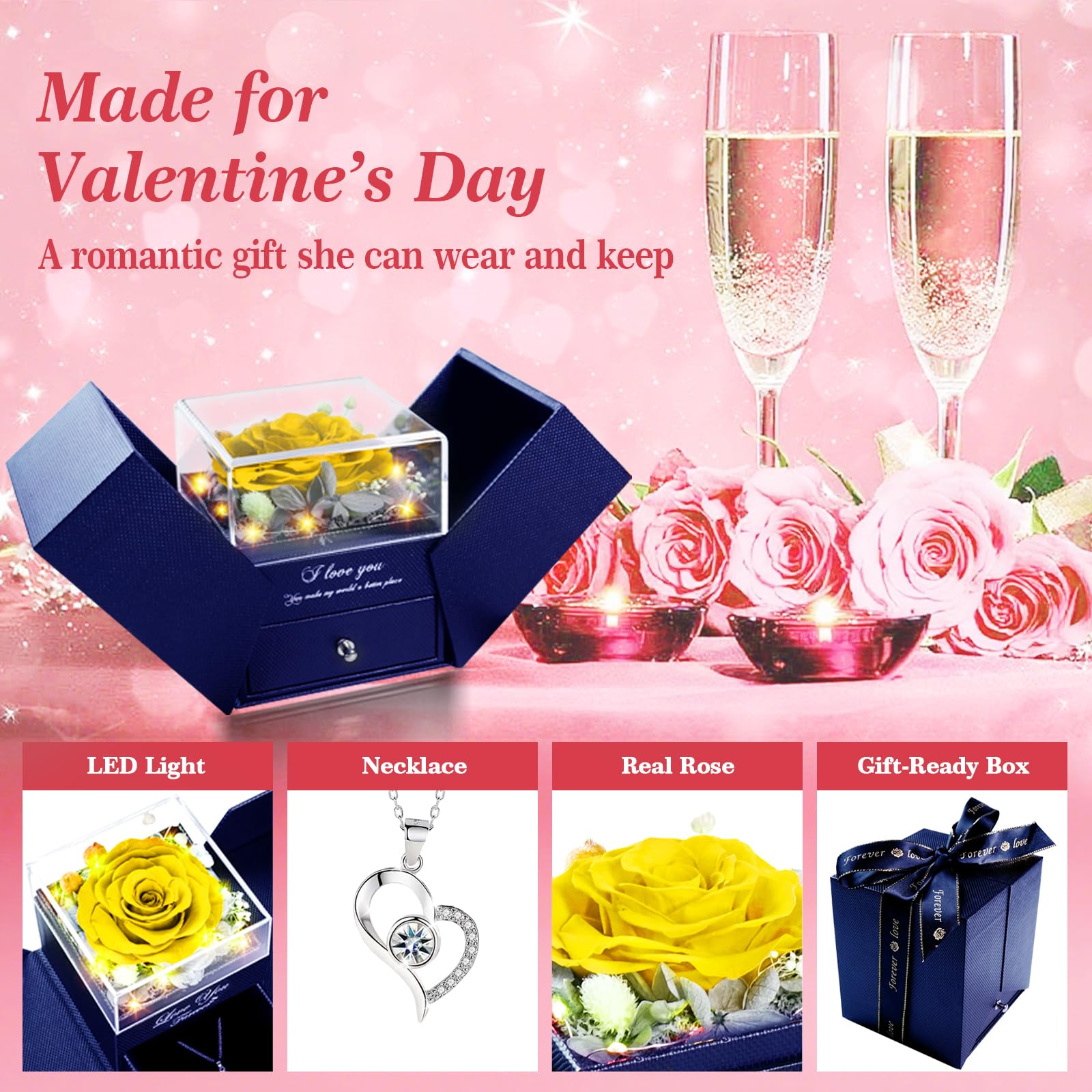 cdco Preserved Real Rose with Heart Necklace – “I Love You” in 100 Languages, Forever Romantic Anniversary Valentines Day Gifts for Her, Women, Wife, Girlfriend