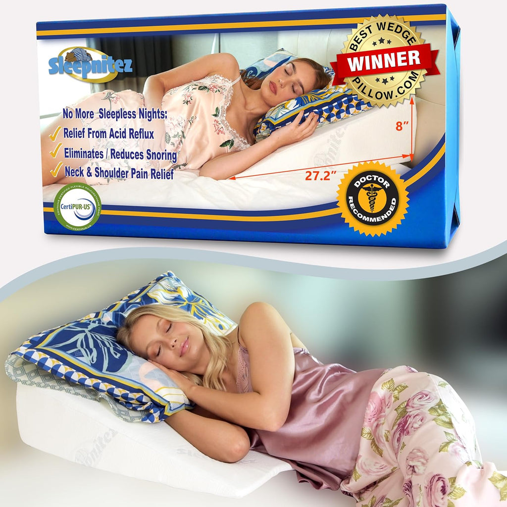 Sleepnitez Bed Wedge Pillow - Memory Foam Design for Acid Reflux, Snoring Relief & Comfort | 8" Size with 3.25" Top Layer