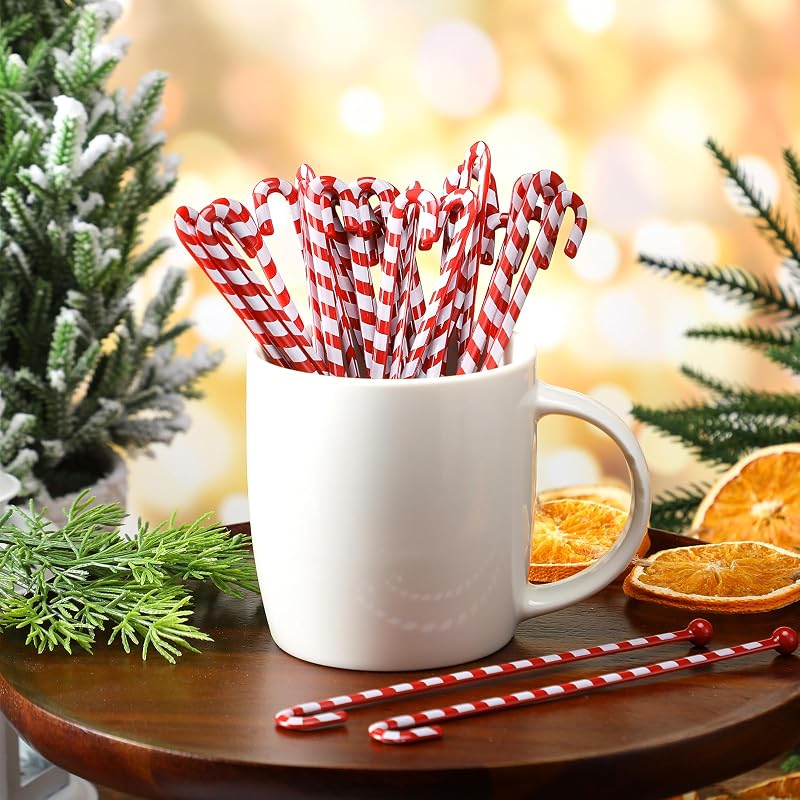 Candy Cane Christmas Drink Stirrers, 30 Pcs – Red/White Swizzle Sticks