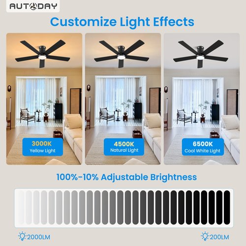 Autoday 52 Inch Low Profile Ceiling Fan with Light, Black Flush Mount Ceiling Fans with Lights and Remote, 6 Speeds Reversible Quiet DC, 3CCT Dimmable, Indoor Outdoor Ceiling Fans for Patios Bedroom