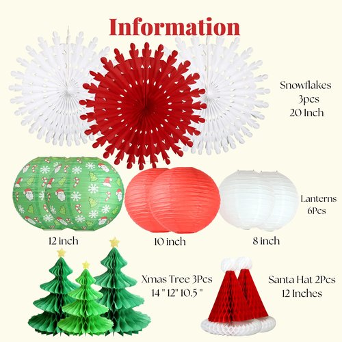 UNIQOOO 14PCS Assorted 3D Christmas Honeycomb Paper Lantern Decoration Garland Set,Celling Hanging Tissue Pine Tree Star, Santa Hat,Snowflake Fan,Japanese Lanterns for Holiday XMAS Party Banner Supply