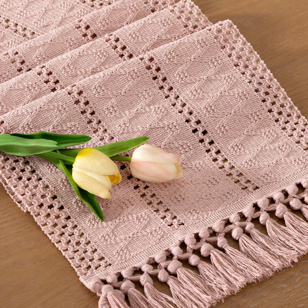 Socomi Boho Table Runner - Rustic Macrame Woven Cotton for Spring Decor | 12x36 in Pink