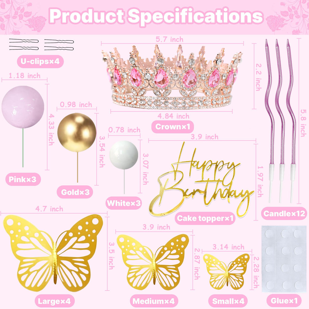 AMZVALU Crown Cake Topper, Happy Birthday Cake Toppers Pink Crown Balls Candles Gold Butterflies, Corona Para Pastel, Cake Decorations for Women Princess Queen Birthday Party Wedding (Rose Gold)