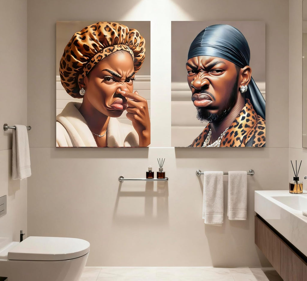 Skiennix Funny Stank Face Bathroom Wall Art - Humorous African American Canvas Decor | 2-Piece Set