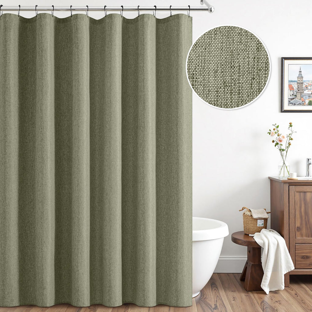 ANRODUO Olive Green Linen Textured Fabric Shower Curtain Set - 72"x72" with 12 Rust Resistant Durable Metal Hooks, Waterproof & Heavy Duty Polyester, Button Hole Design, Machine Washable for Bathroom