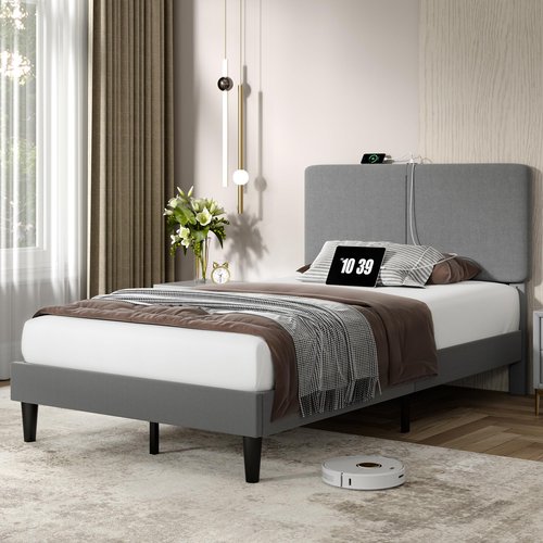 VECELO Twin Bed Frame with Type-C & USB Ports, Upholstered Platform Height-Adjustable Cotton and Linen Headboard,No Box Spring Needed, Noise-Free, Easy Assembly, Dark Grey