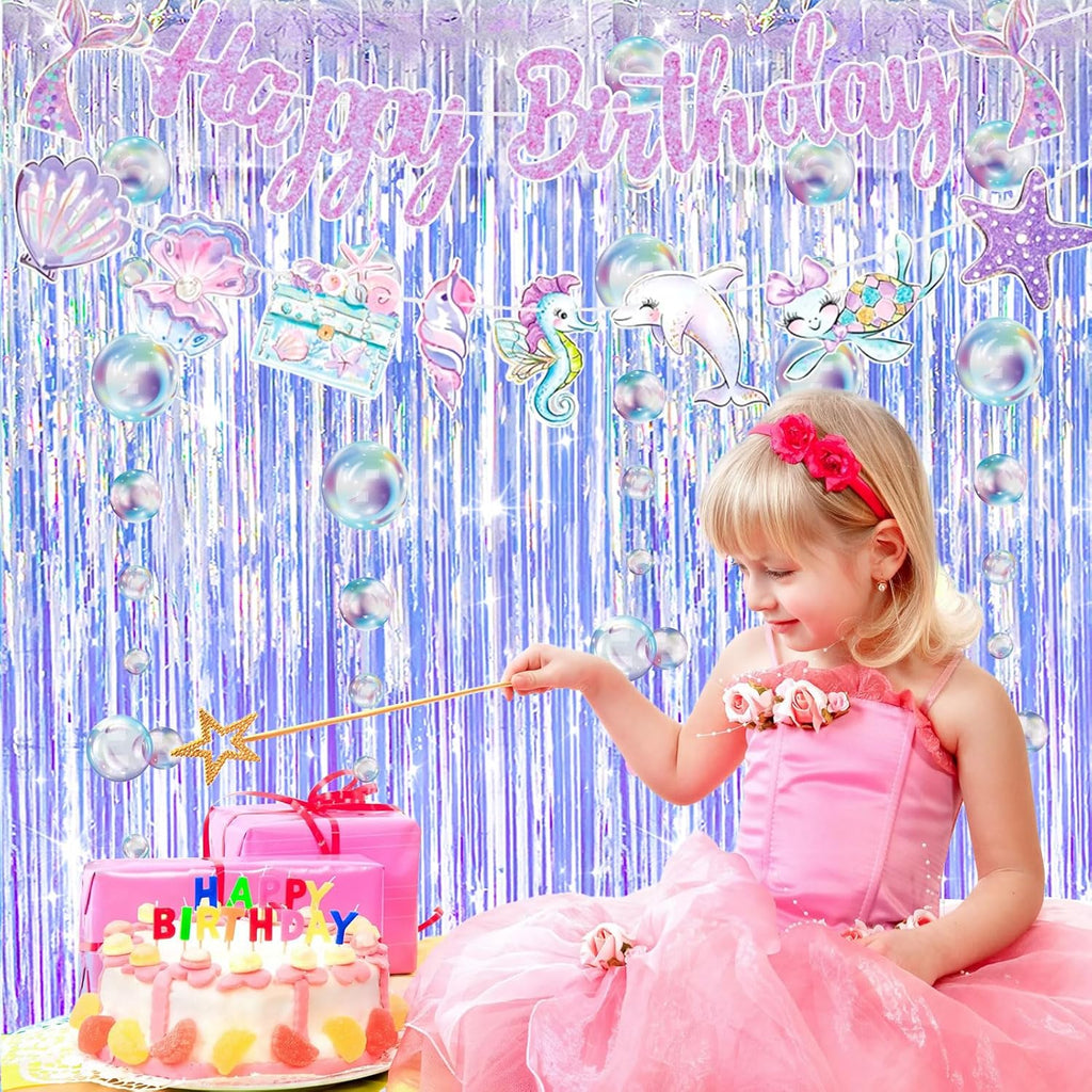 Skiennix Iridescent Party Streamers - Tinsel Foil Fringe Curtains with Colorful Bubble Garlands | Perfect for Ocean-Themed Celebrations