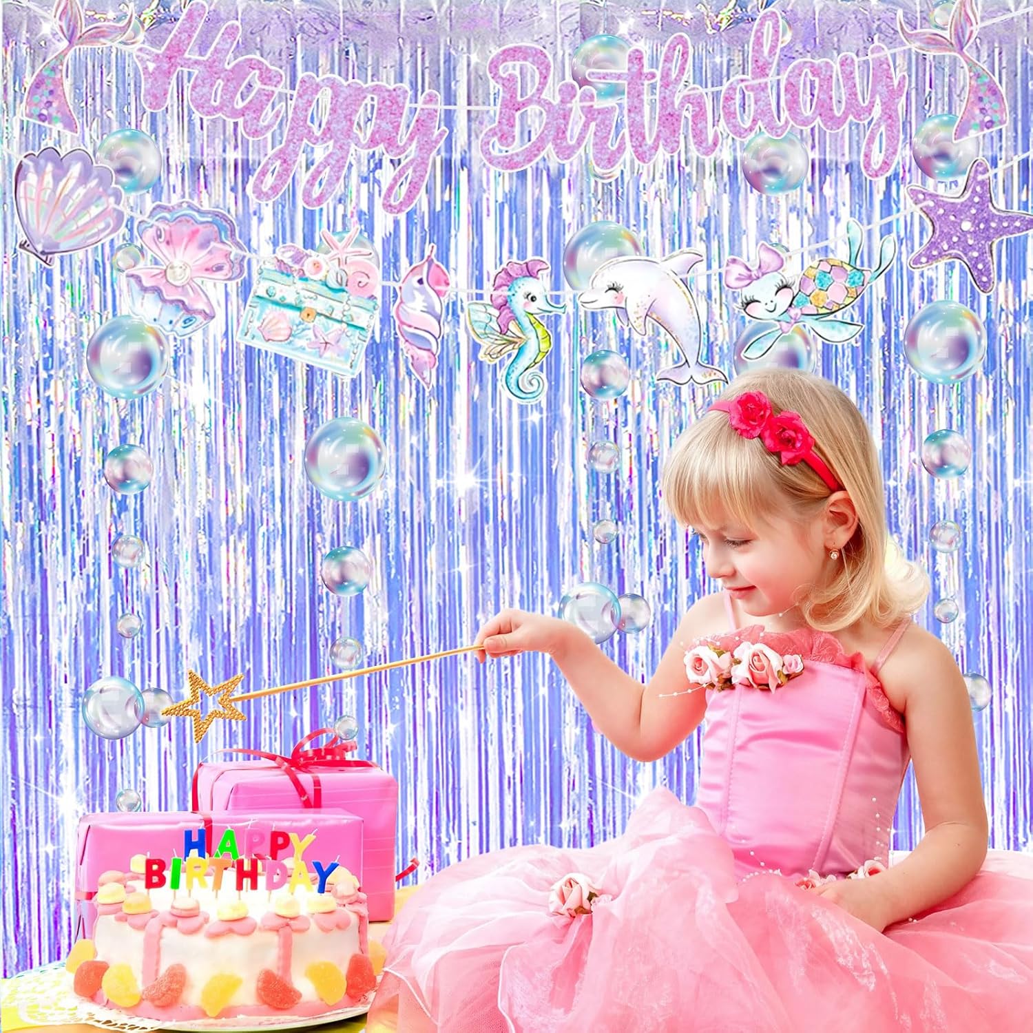 Skiennix Iridescent Party Streamers - Tinsel Foil Fringe Curtains with Colorful Bubble Garlands | Perfect for Ocean-Themed Celebrations