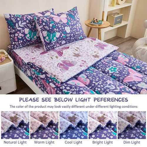 Anibedding 3Pcs Zip Up Bedding Comforter Set for Girls, Purple Butterfly All in One Zipper Full Bedding Set with Pillowcase for Kids