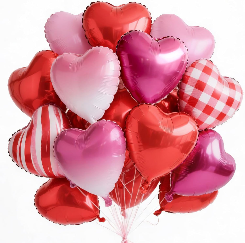 PartyWoo Valentine's Balloons - 15pcs 18 Inch Pink & Red Foil Heart Balloons for Romantic Celebrations