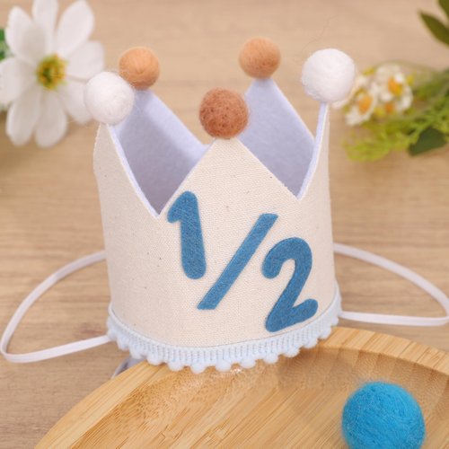 BASCT Blue and Cream 1/2 Birthday Hat for Baby Boys – Halfway to One Birthday Crown, Light Blue Felt Number Half Bday Decorations, 6 Months Milestone Party Hat for Baby Boy Photo Prop