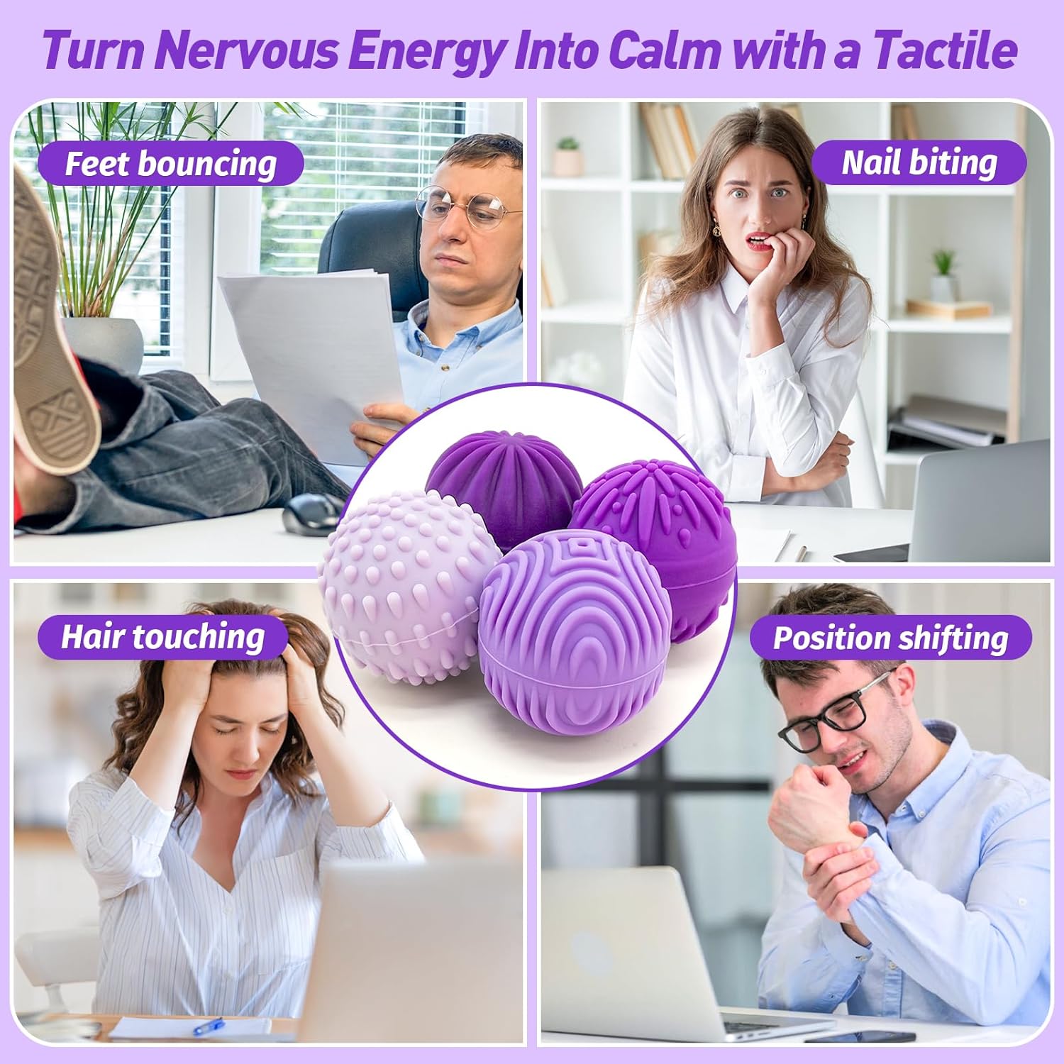 Skiennix Fidget Toys - Magnetic Stress Balls for Adults & Teens | 8 Silicone Stress Relief Toys with 4 Textures & Organizer Box (Lavender)
