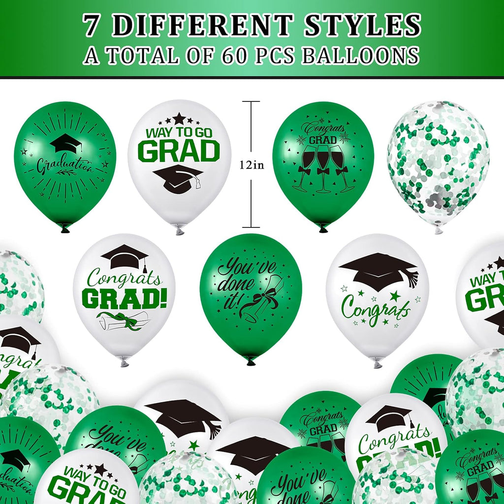 Whaline Graduation Party Balloon Set - 60 Pcs in Green & White with Confetti | Includes 2 Rolls of Ribbon