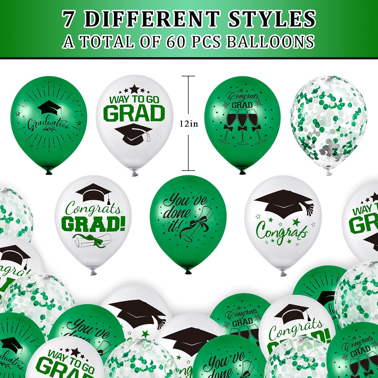 Whaline Graduation Party Balloon Set - 60 Pcs in Green & White with Confetti | Includes 2 Rolls of Ribbon