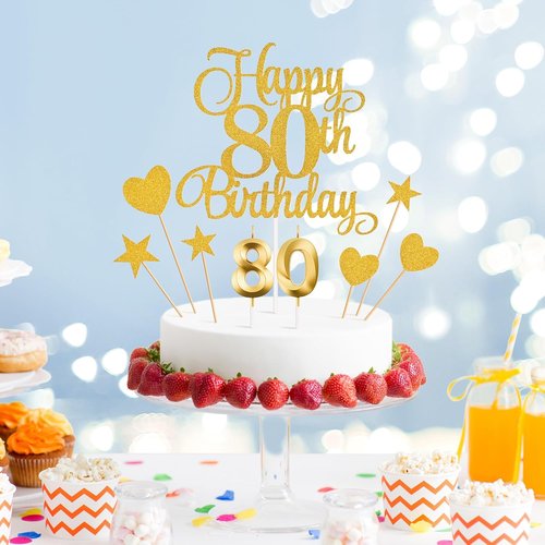 80th Birthday Cake Decorations Set - Glitter Happy 80th Birthday Toppers & Candles | Gold