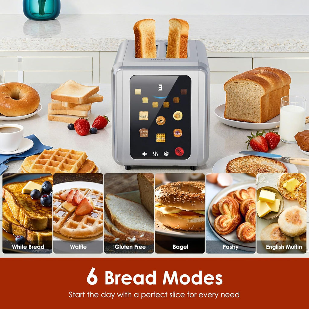 WHALL Stainless Steel Toaster - 2 Slice Full Touch Screen with Digital Timer & 6 Shade Settings | Silver