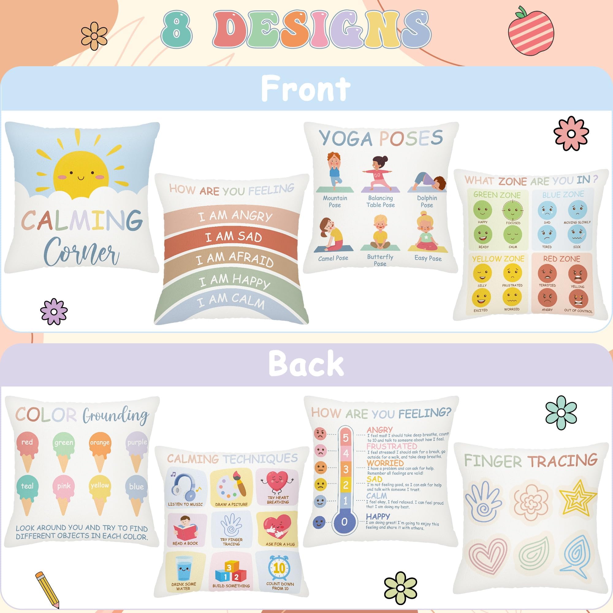 EDaozkend Boho Calming Corner Pillow Covers, 4Pcs Back to School 18x18 Boho Calm Down Corner Therapy Pillowcase for Mental Health Room Home, Emotion Feelings Pillow Covers Inspirational Gifts for Kids