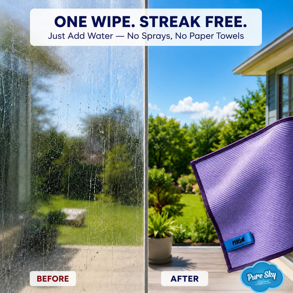 Pure Sky Window & Glass Cleaning Cloth Patented DUO-FECT Technology Streak-Free, No Chemicals, Removes Up to 99% of Bacteria with Water Only Reusable Microfiber Cleaner for Windows, Mirrors, Cars