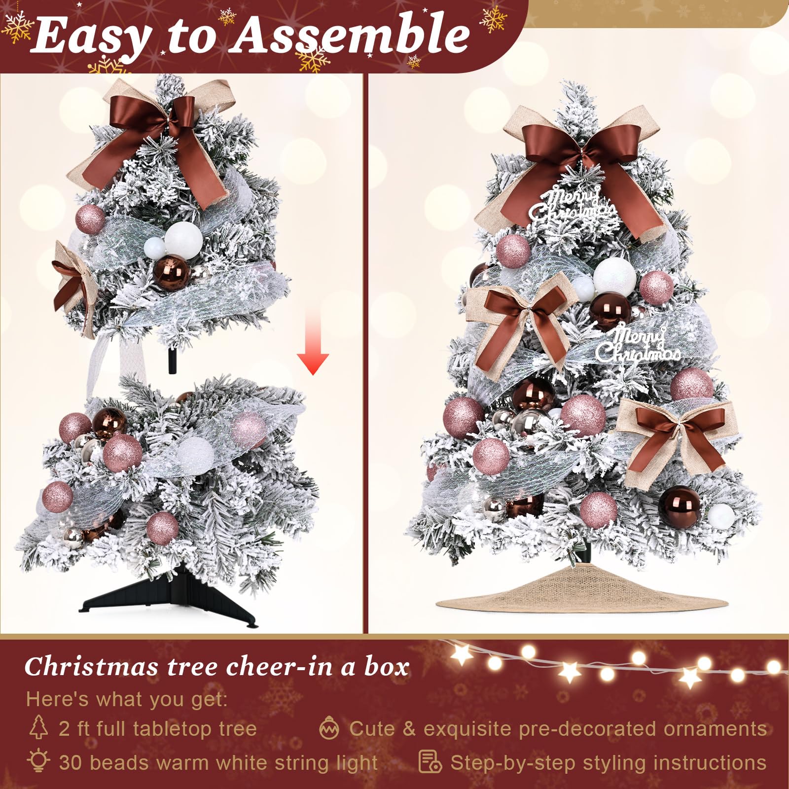 Uspring 2Ft Flocked Small Christmas Tree with Lights, Artificial Table Top Christmas Tree with 62 Pre-Decorated Ornaments, Full Mini Xmas Trees for Indoor Holiday Decor