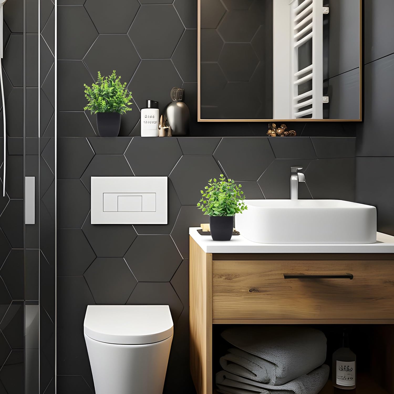 Skiennix 2 Pack Small Fake Plants - Stylish Black Bathroom Accessories for Home & Kitchen Decor