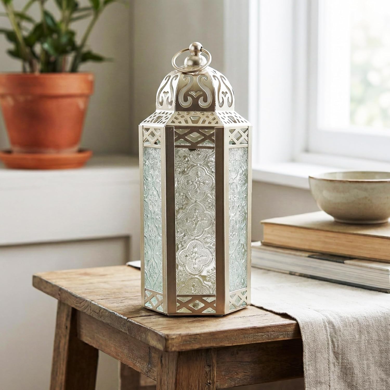 VELA Lanterns 10.5" White Gold Moroccan Candle Lantern - Elegant Decorative Holder for Indoor/Outdoor Use