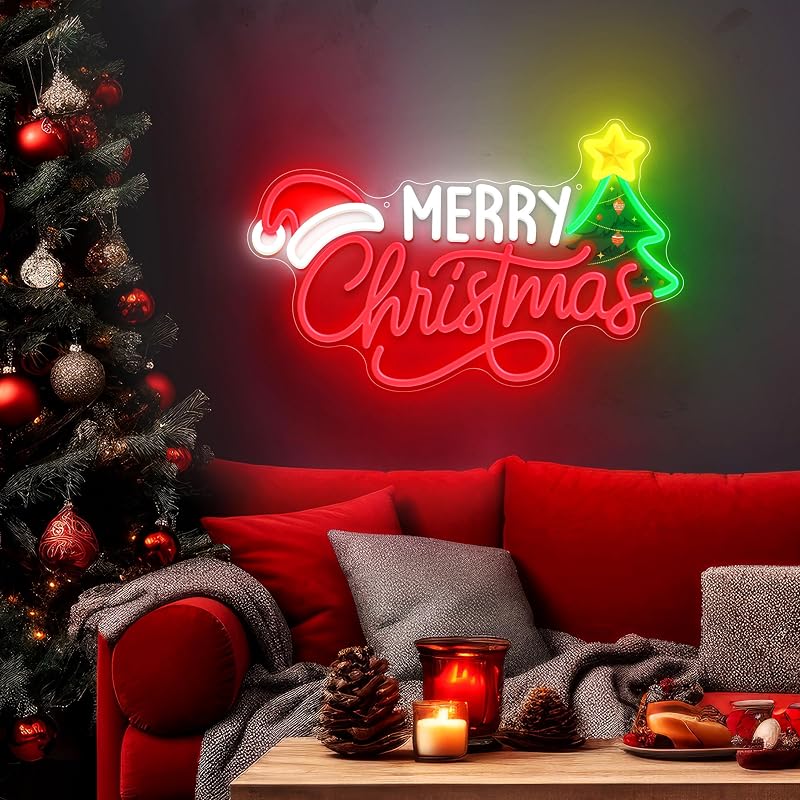 Merry Christmas Neon Sign - Wall Decor with Santa Hat (Xmas Variation)