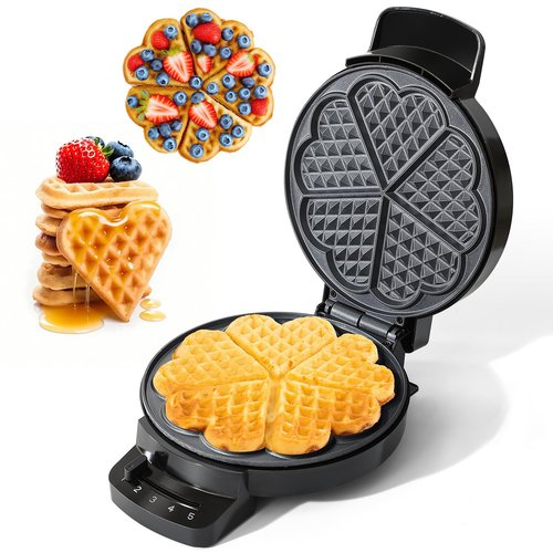 UVFAST Heart Waffle Maker, Heart Shaped Waffle Iron 5 Slices, Mini Waffle Makers with 8'' Non-stick Plates, Adjustable 5 Browning Control, Cool Touch Handle, Easy to Clean, Valentine's Day Gift, 1000W