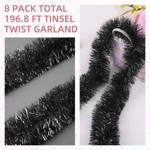 200 FT Black Tinsel Garland Christmas Tinsel Garland Xmas Tree Decorations Metallic Tinsel Twist Streamer Banner for Christmas Tree New Year Holiday Birthday Party Decorations