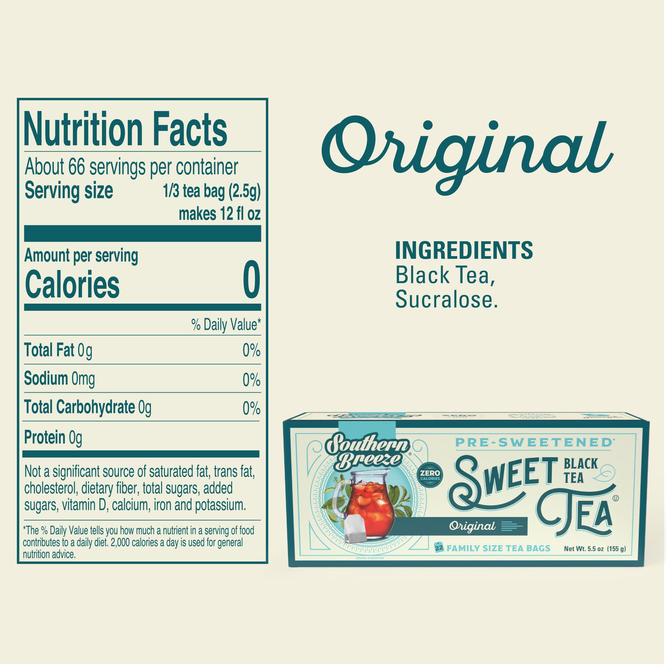 Southern Breeze Hot Brew Sweet Tea Original Iced Tea with Black Tea and Zero Carbs Zero Sugar, 22 Family Size Tea Bags, Pack of 6