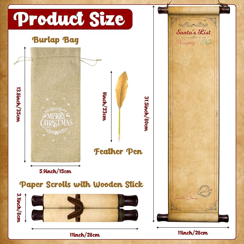 Christmas Naughty & Nice Scroll Set with Golden Feather Pen, Vintage Burlap Bag