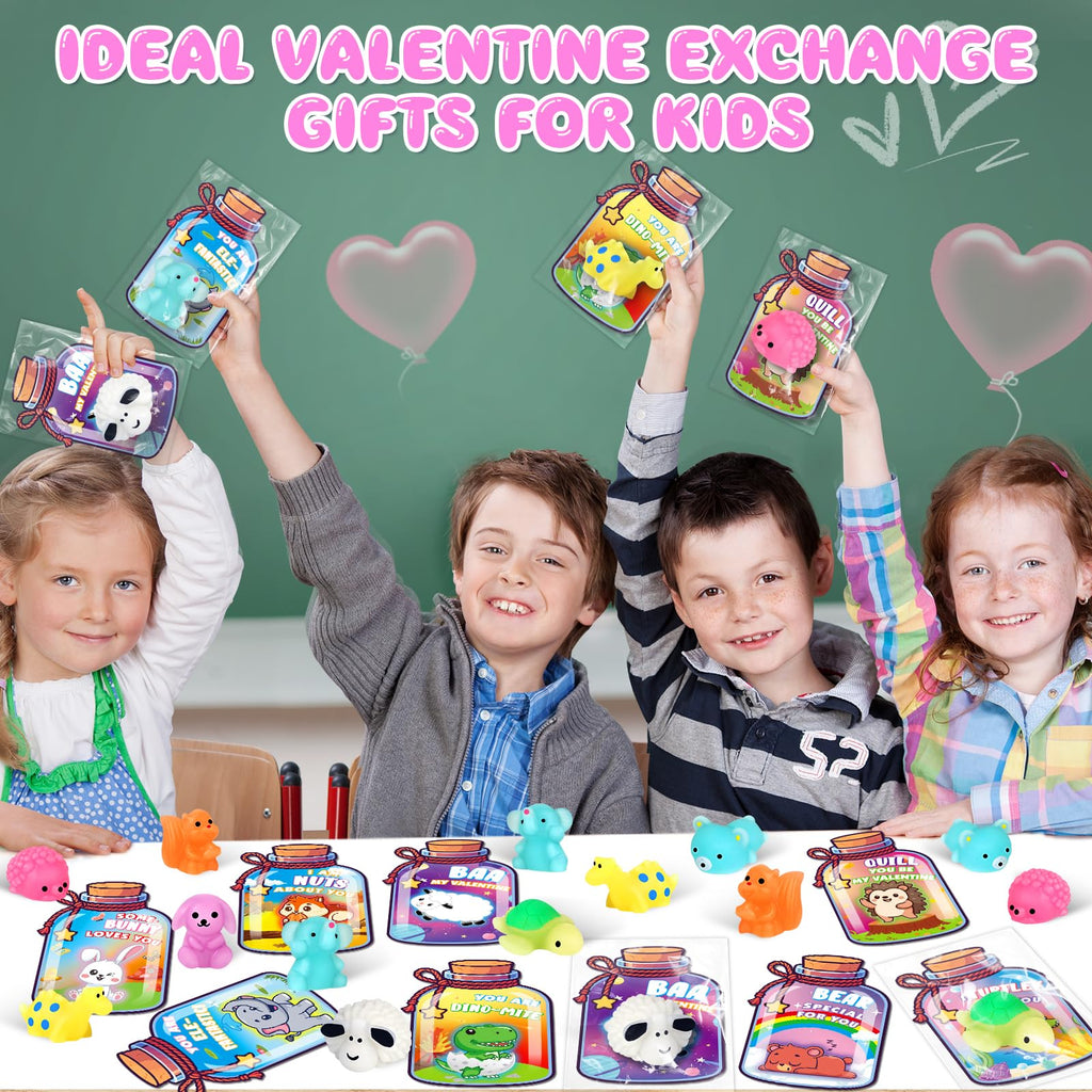 Valentines Day Gifts for Kids School, 32 Pack Cute Kawaii Mochi Squishy Toys Glow in The Dark with Animal Valentines Day Card, Fidget Squishy Toys for Classroom Class Exchange Party Favors