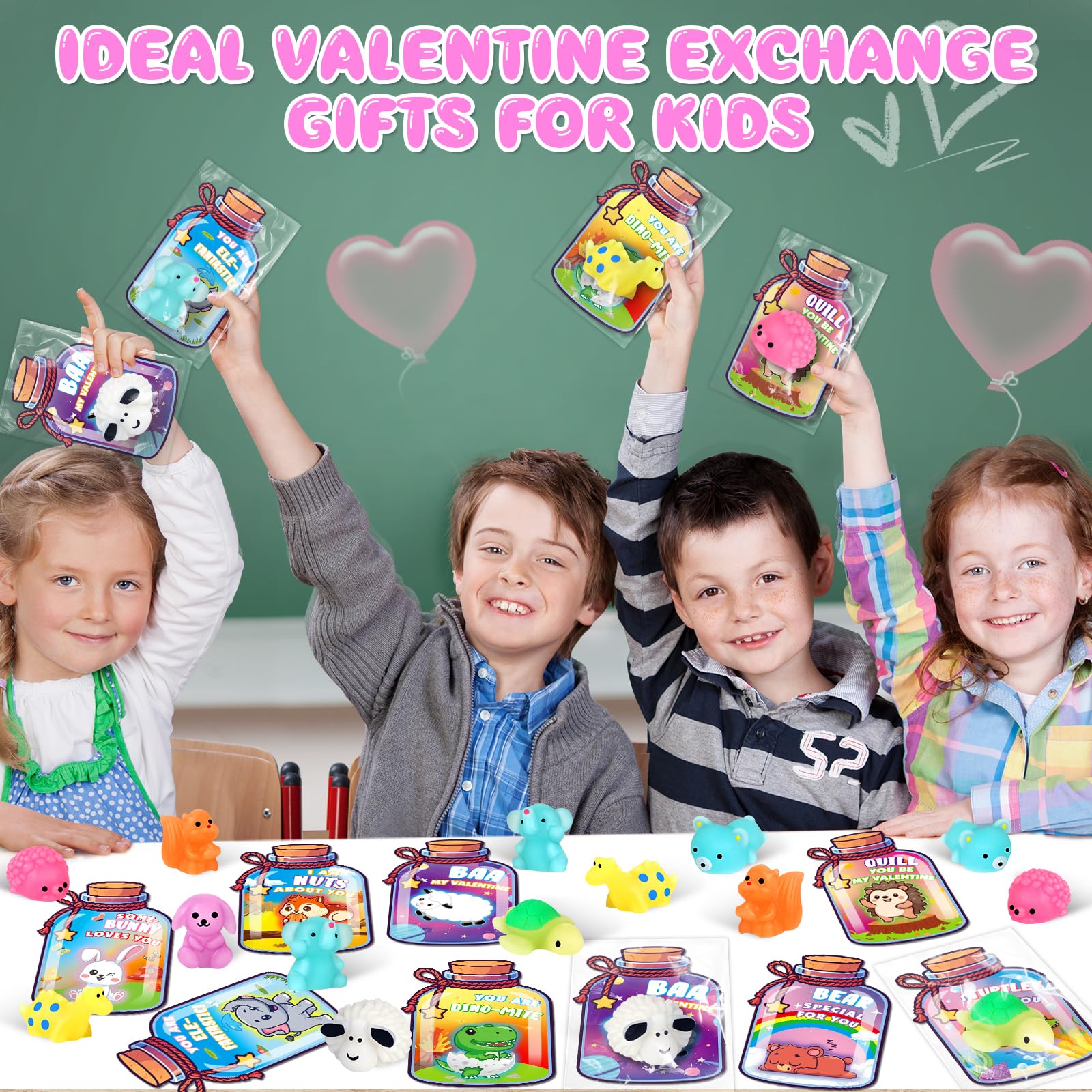 Valentines Day Gifts for Kids School, 32 Pack Cute Kawaii Mochi Squishy Toys Glow in The Dark with Animal Valentines Day Card, Fidget Squishy Toys for Classroom Class Exchange Party Favors