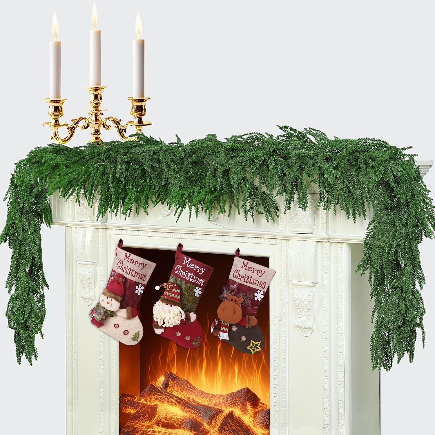 24 FT (4 * 6FT) Christmas Norfolk Pine Garland, Real Touch Dense Faux Greenery Garland for Mantle, Table, Wall, Indoor & Outdoor Christmas Decorations