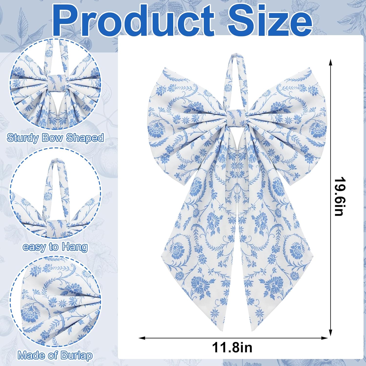 Suncalla Chinoiserie Wreath - Cute Flower Bow Front Door Hanger for Spring Decor | Blue Toile Design