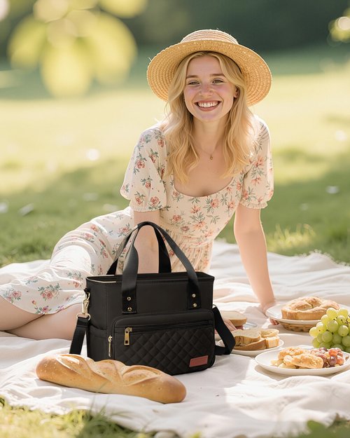 HOTOR Lunch Box for Women - Insulated Lunch Bag with Multiple Pockets, Portable Lunch Tote & Cooler with Handles & Adjustable Strap for Work, Picnic, Short Trip, 11.0" x 5.5" x 8.7", Black